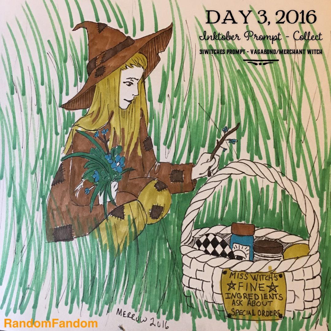 Witch in ragged clothes and hat plucks grass and flowers to put in basket of ingredients