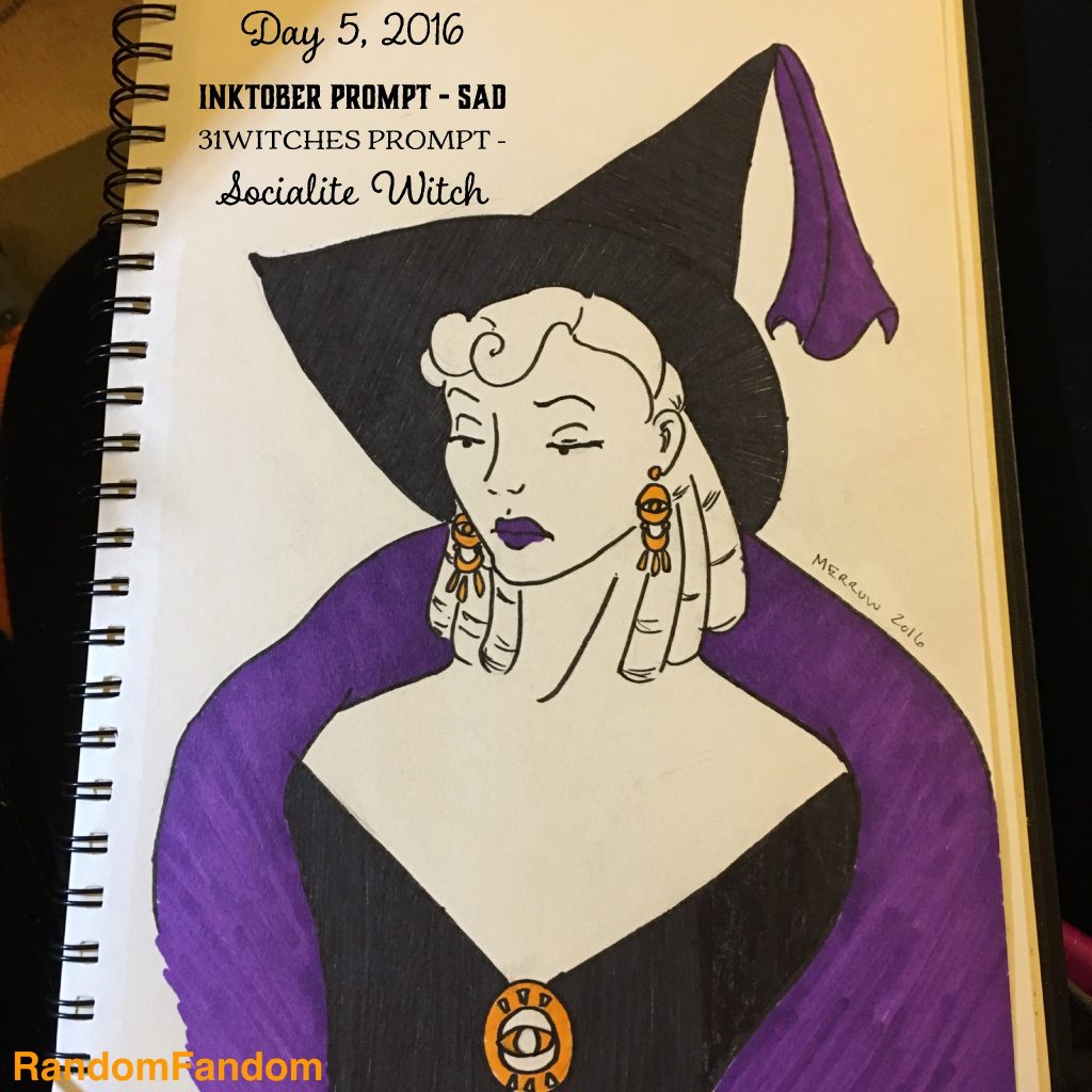 A bored looking socialite witch in a purple stole with gaudy earrings