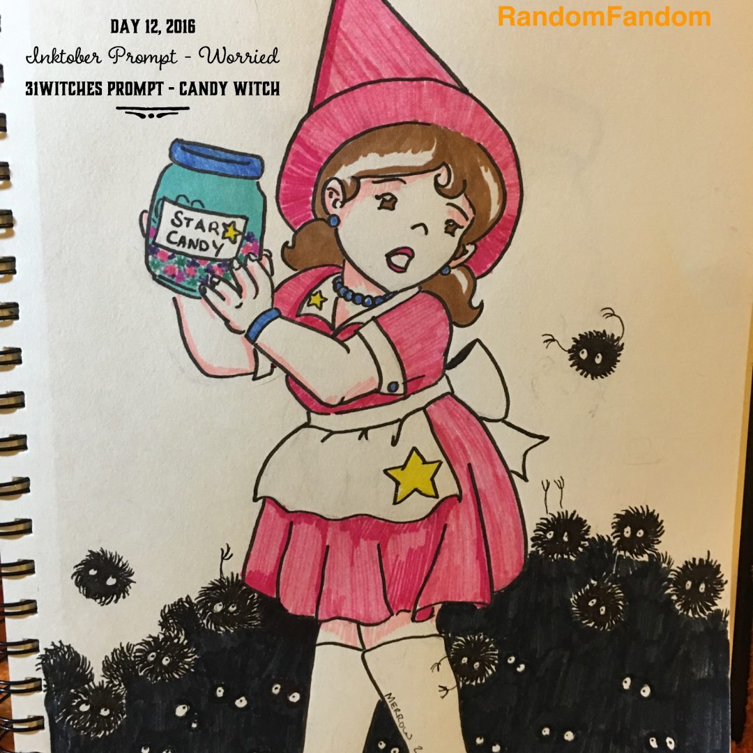 Witch in a pink dress and apron holds a jar of candy while being mobbed by fuzzy sprites