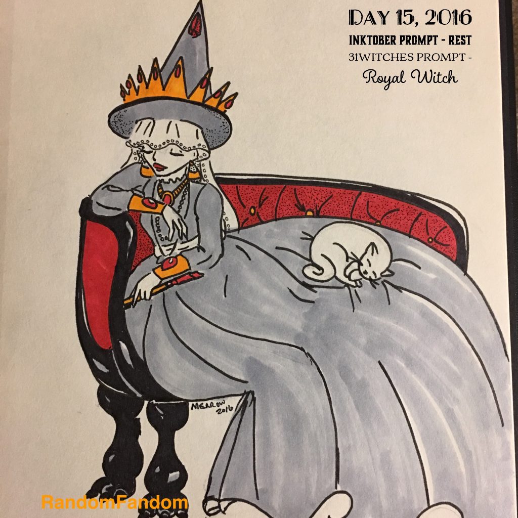 A royal witch reclines on a red couch. Her dress is large and full and she has a crown on the brim of her hat. A cat sleeps on her skirt.