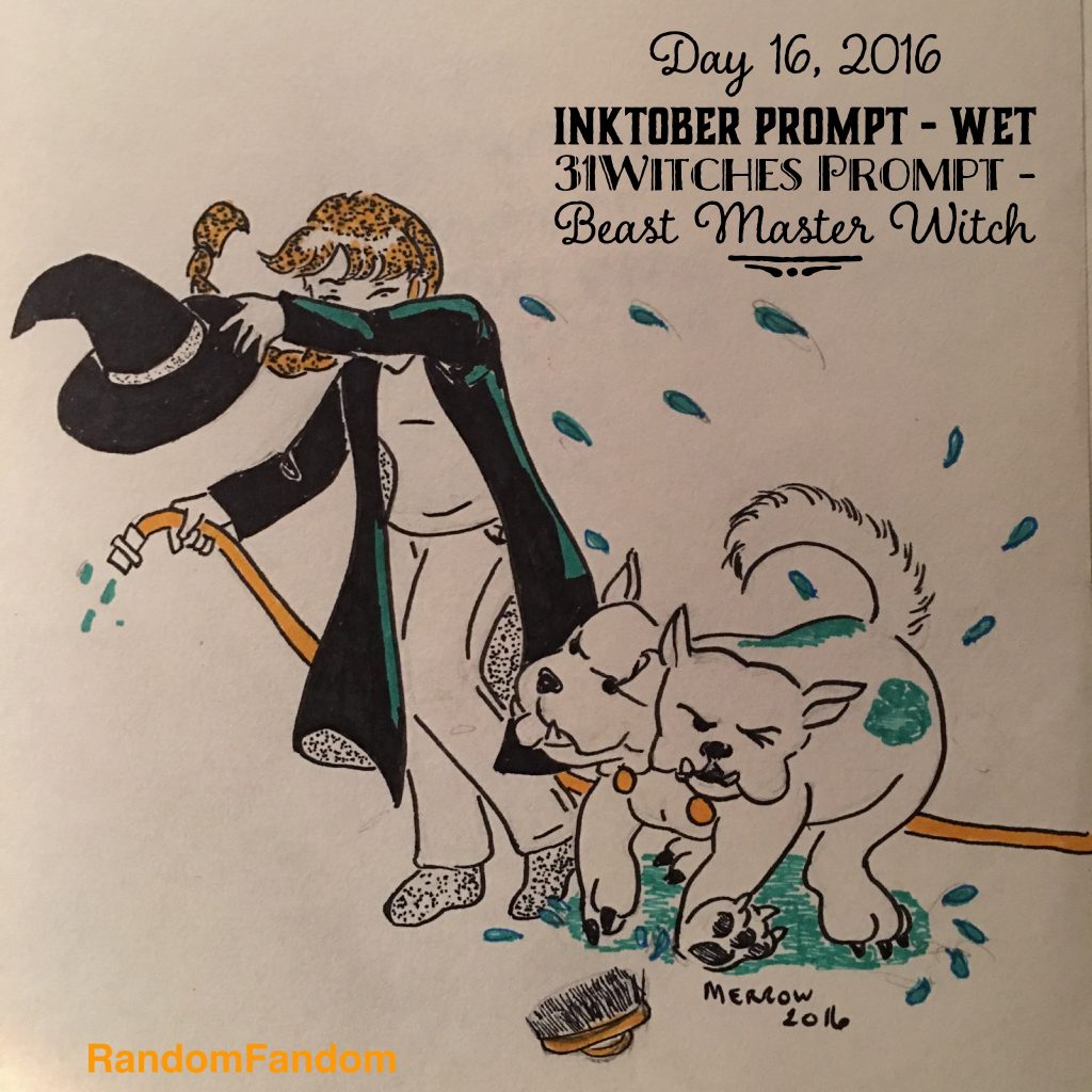 A vet witch holds a hose in one hand shields herself from a three headed dog shaking itself from water.